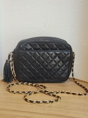 Vintage Jay Herbert Quilted Black Leather Crossbody Bag Gold Chain and Tassel